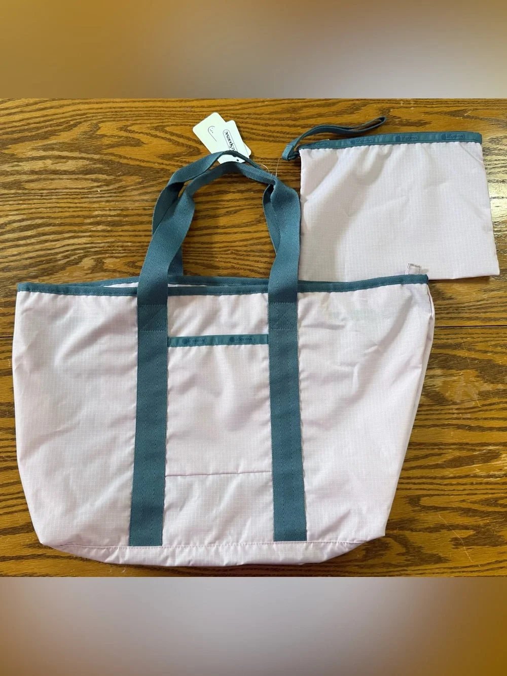 LeSportsac E/W Packable Tote Bag Set Pink & Blue Trim NWT